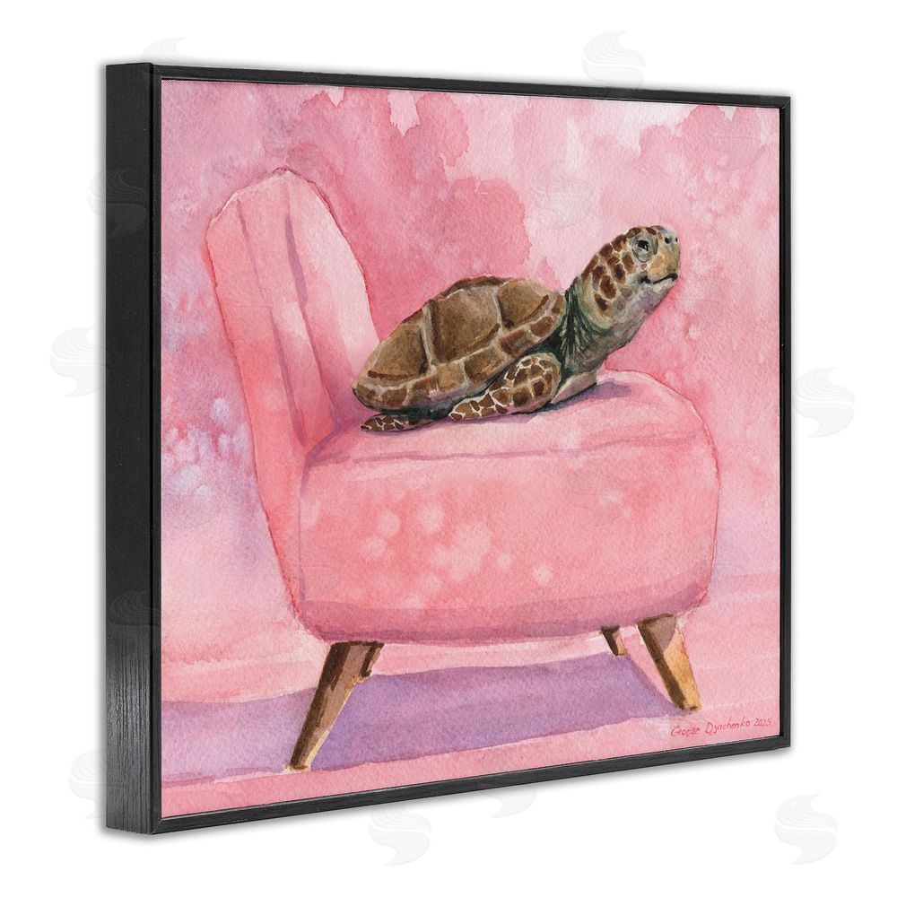 George Dyachenko Happy Turtle on Pink Chair Blacked Framed Giclee Wall Art Print