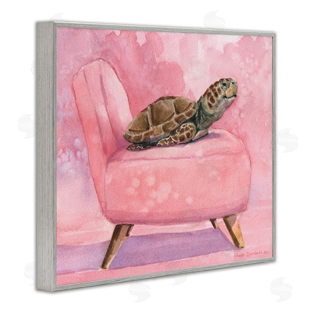 George Dyachenko Happy Turtle on Pink Chair Gray Framed Giclee Wall Art Print