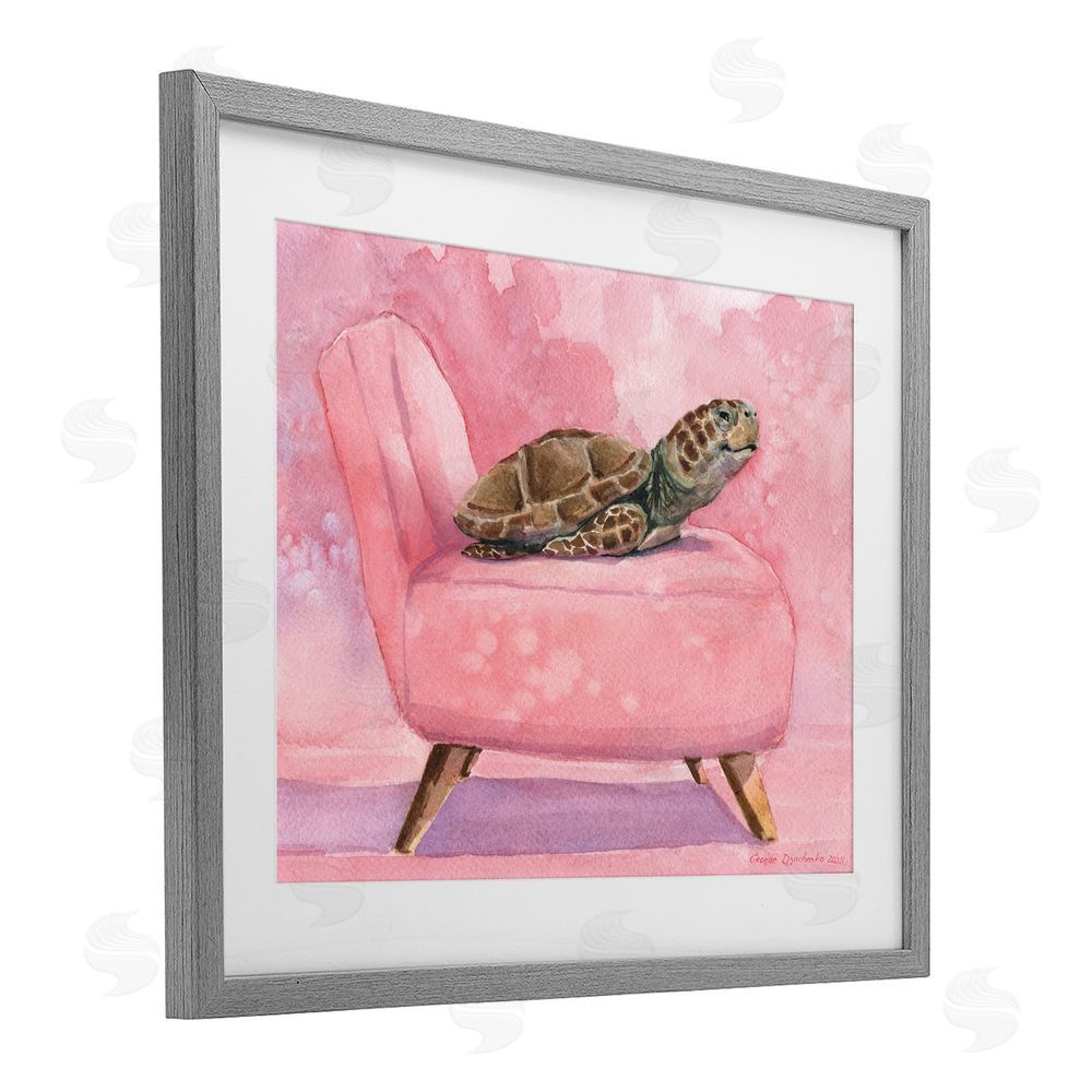 George Dyachenko Happy Turtle on Pink Chair Gray Framed Print Under Glass with Mat Wall Art