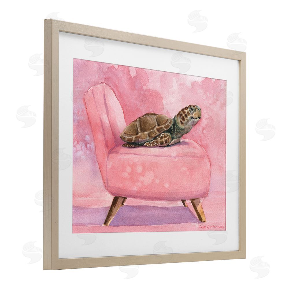 George Dyachenko Happy Turtle on Pink Chair Brown Framed Print Under Glass with Mat Wall Art