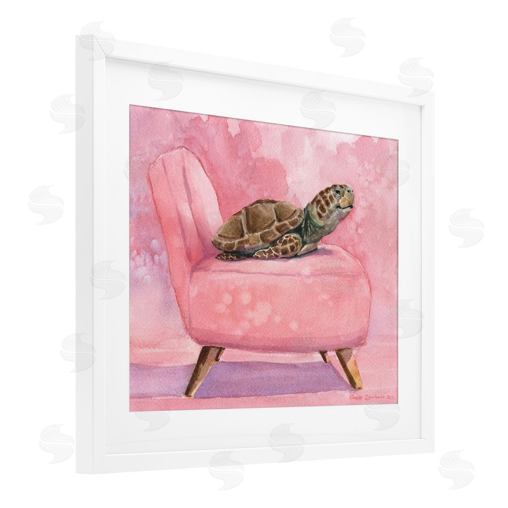 George Dyachenko Happy Turtle on Pink Chair White Framed Print Under Glass with Mat Wall Art