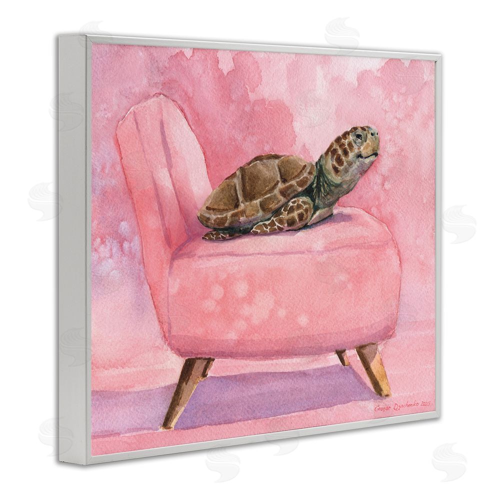 George Dyachenko Happy Turtle on Pink Chair White Framed Giclee Wall Art Print