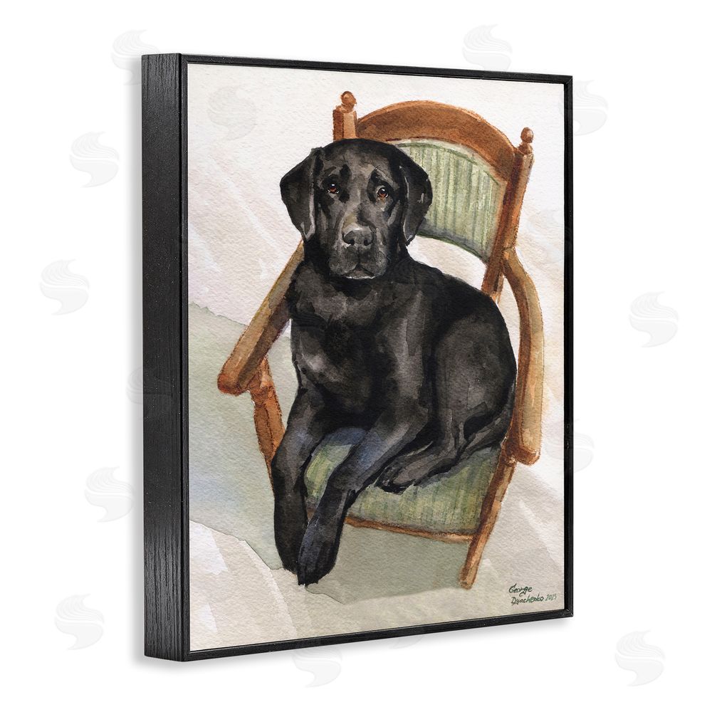 George Dyachenko Black Labrador On Chair Black Framed Giclee Wall Art Print
