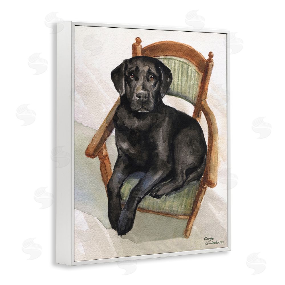 George Dyachenko Black Labrador On Chair White Framed Giclee Wall Art Print