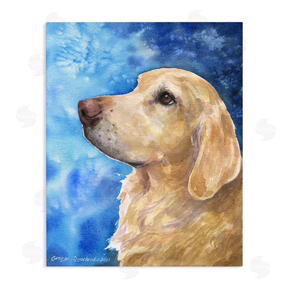 George Dyachenko Golden Retriever Portrait on Azure Stretched Canvas Wall Art Print