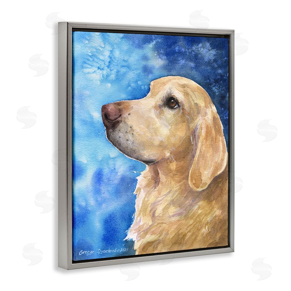 George Dyachenko Golden Retriever Portrait on Azure Gray Floating Frame Canvas Wall Art Print