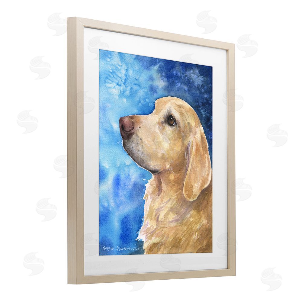 George Dyachenko Golden Retriever Portrait on Azure Brown Framed Print Under Glass Wall Art