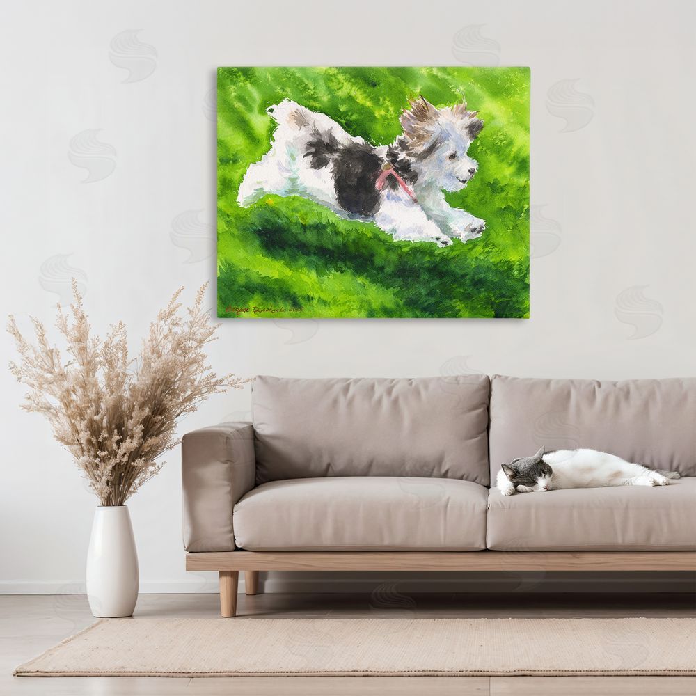George Dyachenko Happy Maltipoo Running Stretched Canvas Wall Art in Room