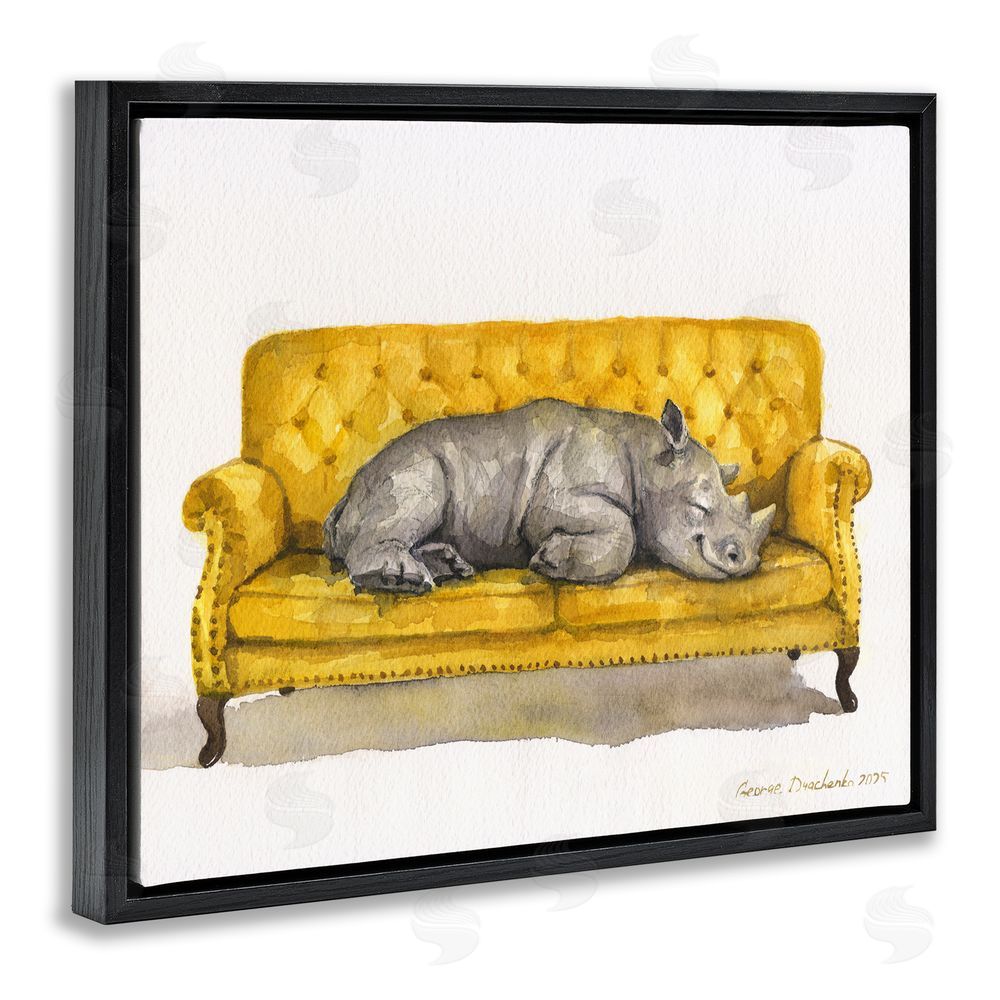 George Dyachenko Cute Rhino Resting Black Floating Frame Wall Art Print