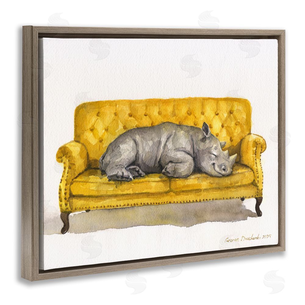 George Dyachenko Cute Rhino Resting Brown Floating Frame Wall Art Print