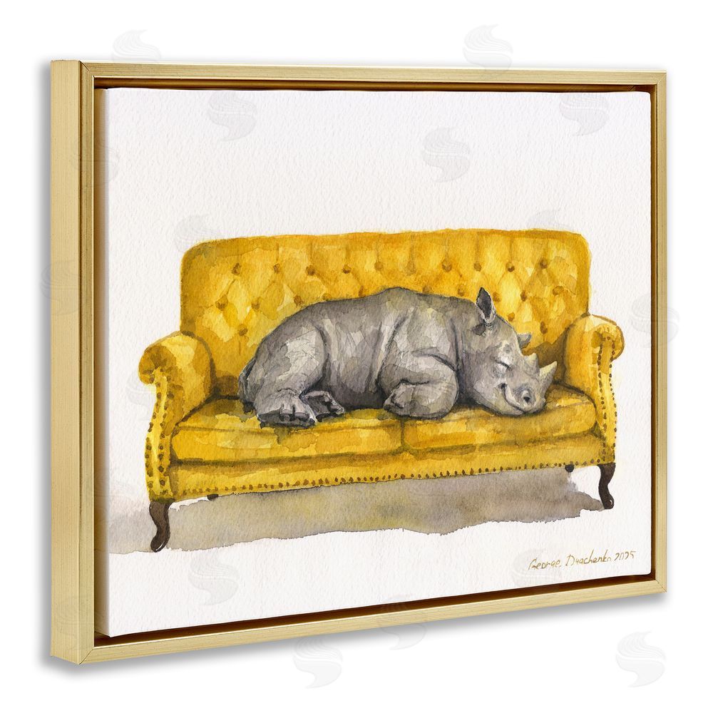 George Dyachenko Cute Rhino Resting Gold Floating Frame Wall Art Print