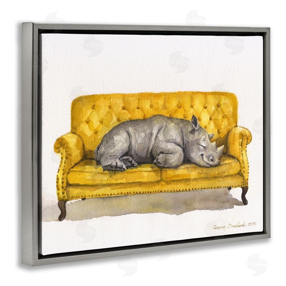 George Dyachenko Cute Rhino Resting Gray Floating Frame Wall Art Print