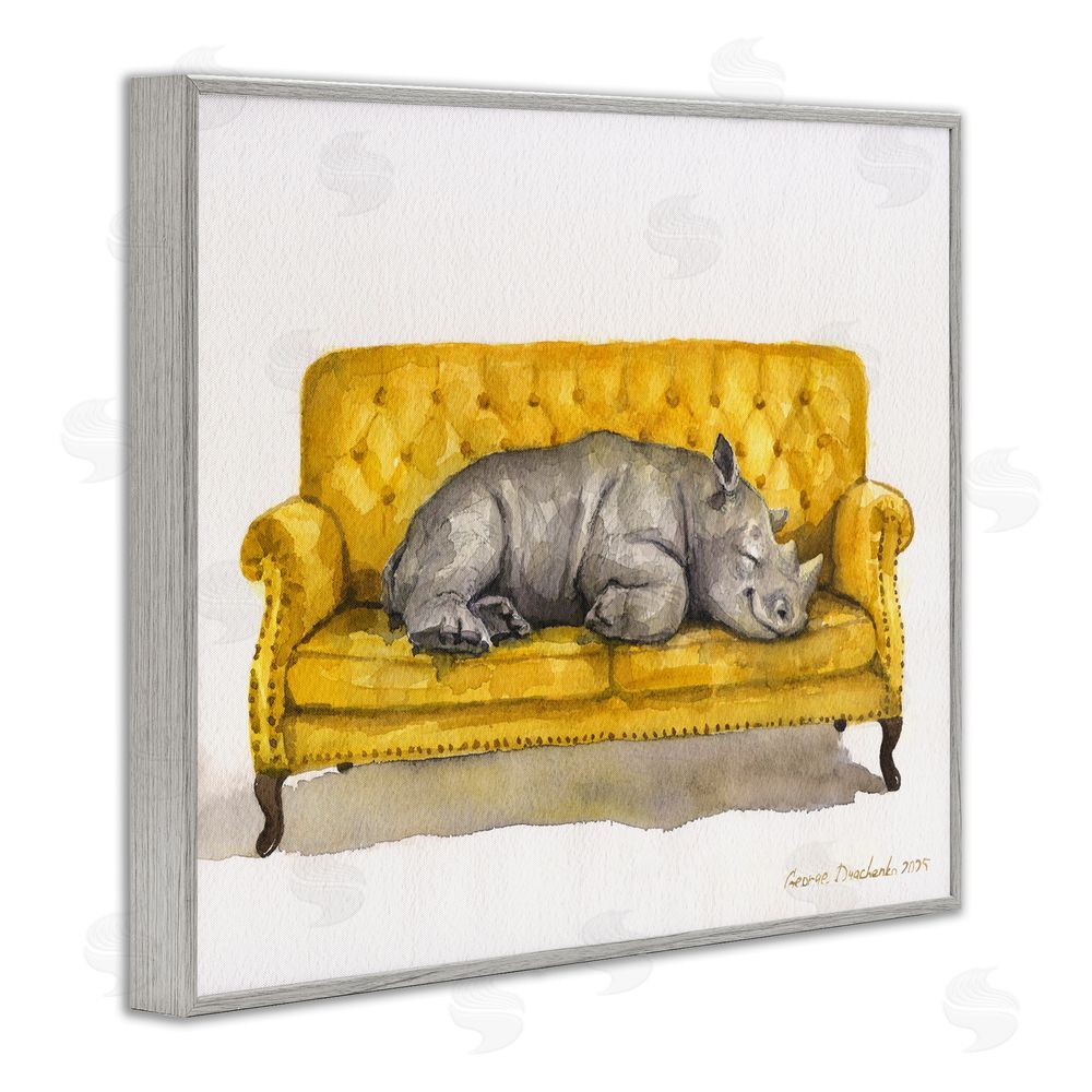 George Dyachenko Cute Rhino Resting Gray Framed Giclee Wall Art Print