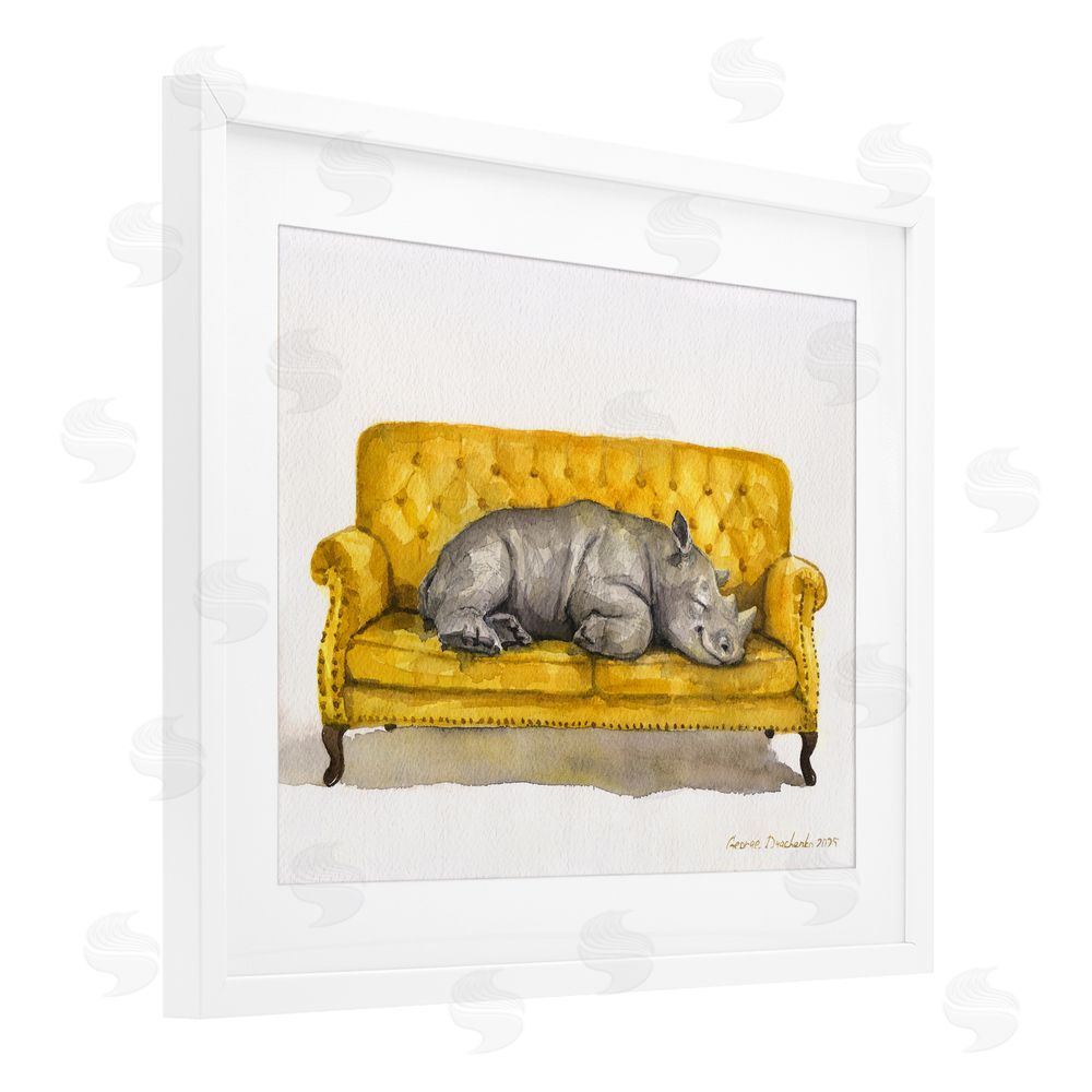 George Dyachenko Cute Rhino Resting White Framed Print Under Glass Wall Art