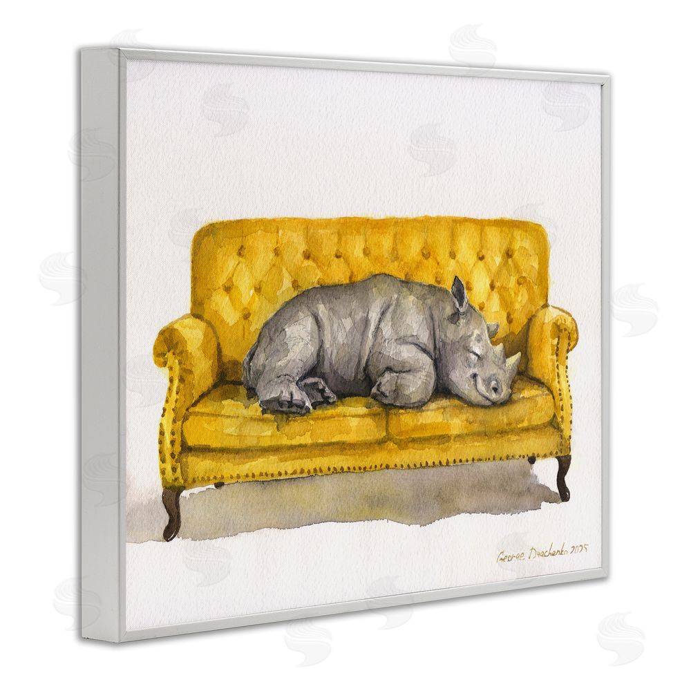 George Dyachenko Cute Rhino Resting White Framed Giclee Wall Art Print