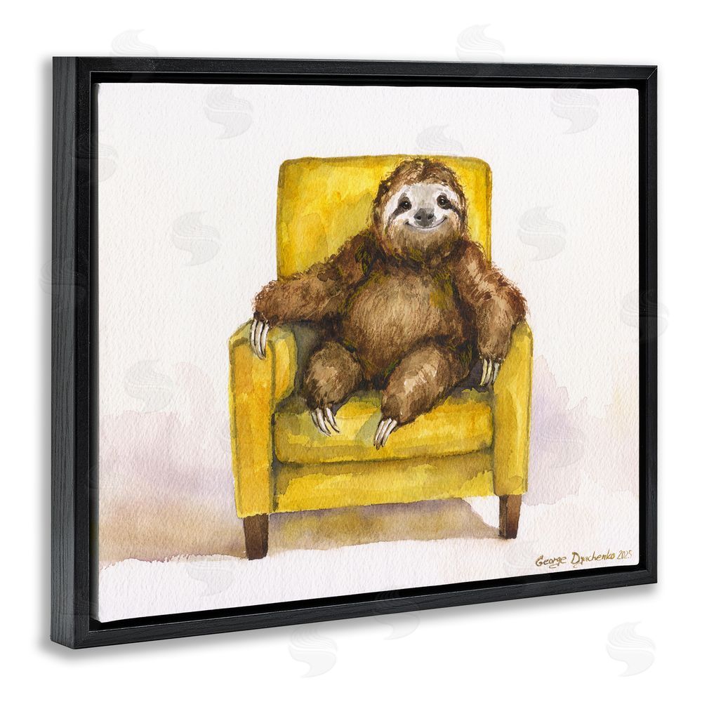 George Dyachenko Happy Sloth Relaxing on Armchair Black Floating Frame Canvas Wall Art