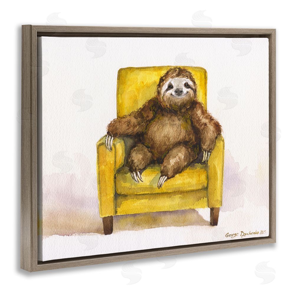 George Dyachenko Happy Sloth Relaxing on Armchair Brown Floating Frame Canvas Wall Art