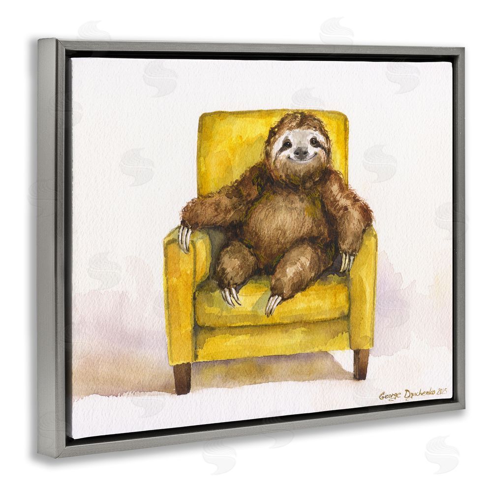 George Dyachenko Happy Sloth Relaxing on Armchair Gray Floating Frame Canvas Wall Art
