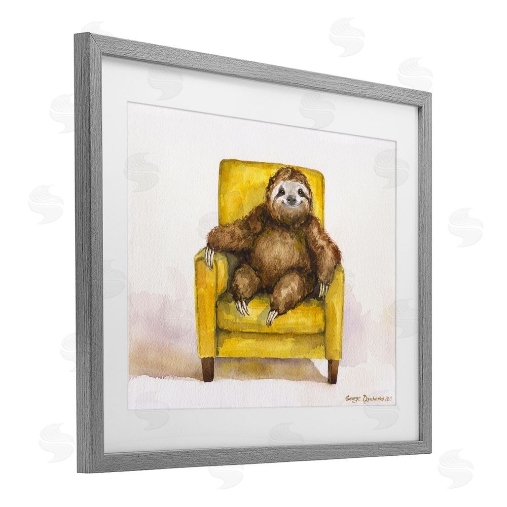 George Dyachenko Happy Sloth Relaxing on Armchair Gray Framed Print Under Glass with Mat Wall Art