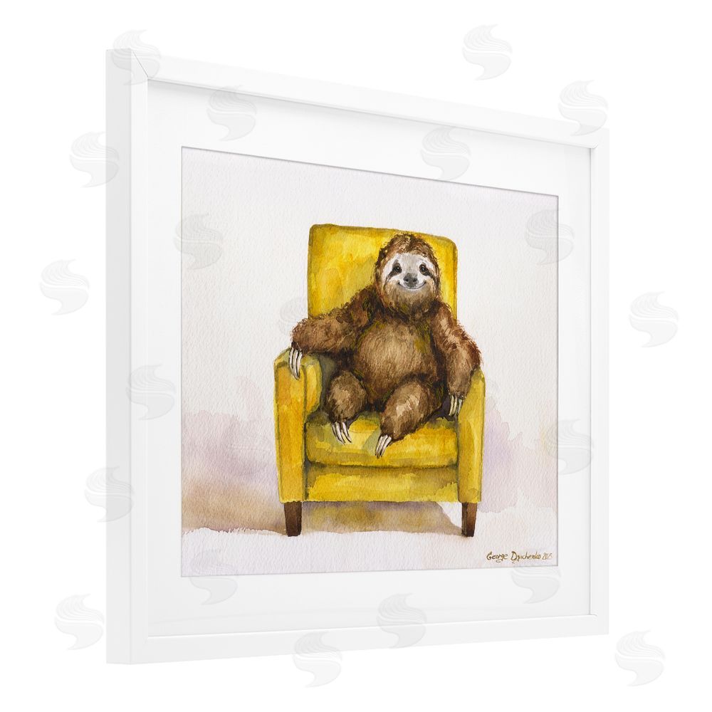George Dyachenko Happy Sloth Relaxing on Armchair White Framed Print Under Glass with Mat Wall Art