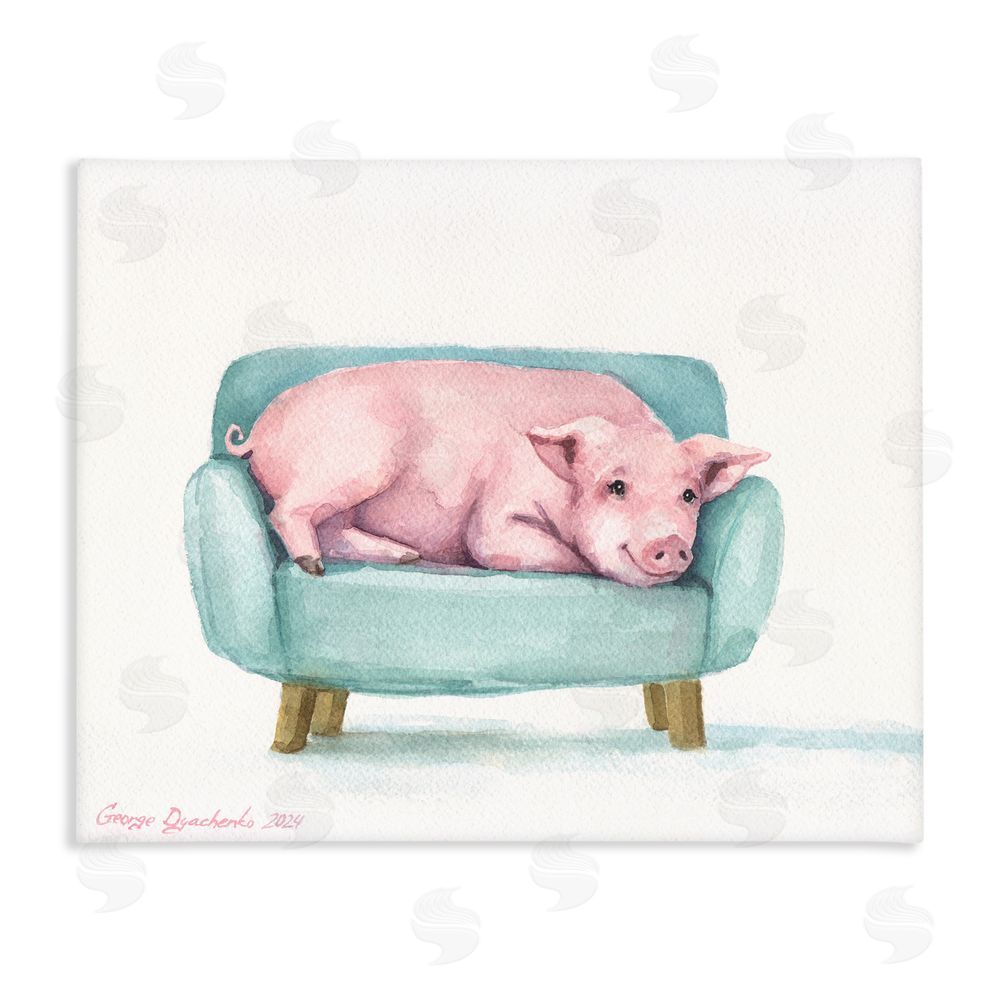 George Dyachenko Cute Piglet on Armchair Stretched Canvas Wall Art Print