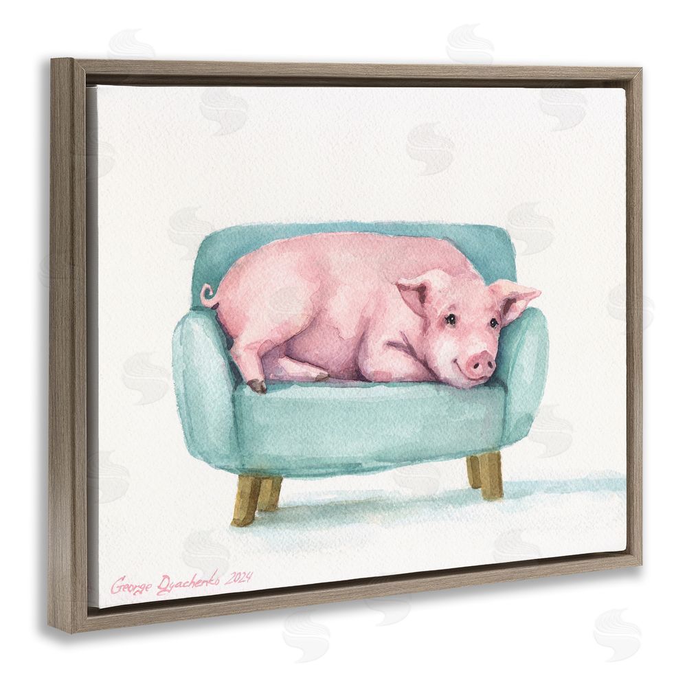 George Dyachenko Cute Piglet on Armchair Brown Floating Frame Wall Art Print