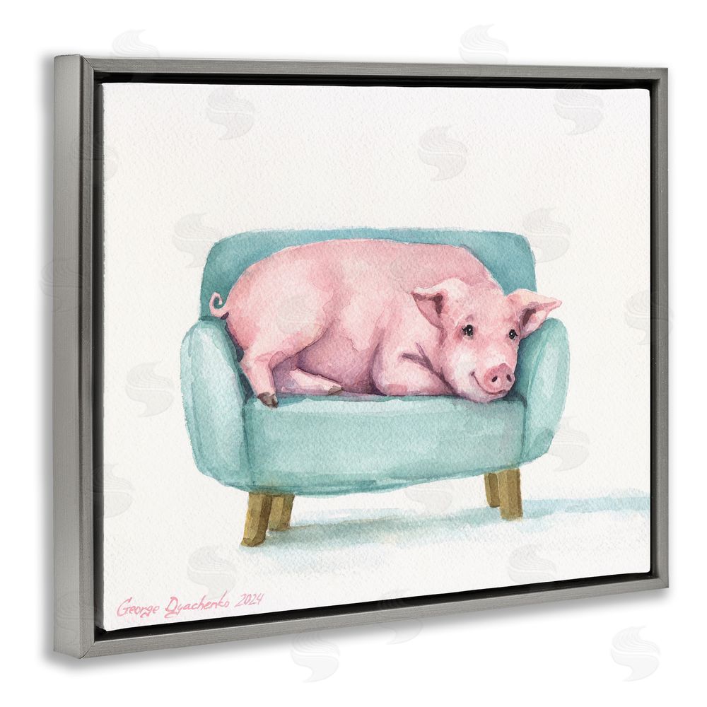 George Dyachenko Cute Piglet on Armchair Gray Floating Frame Wall Art Print