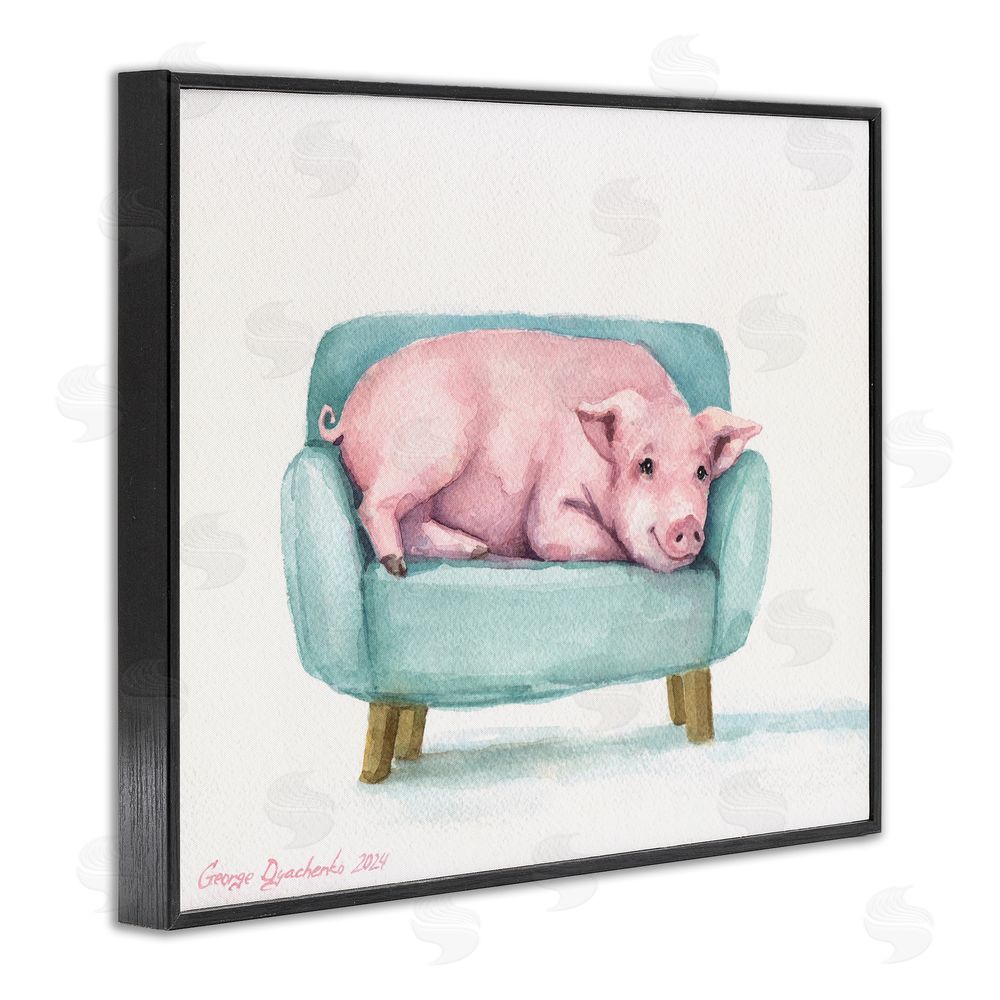 George Dyachenko Cute Piglet on Armchair Black Framed Giclee Wall Art Print