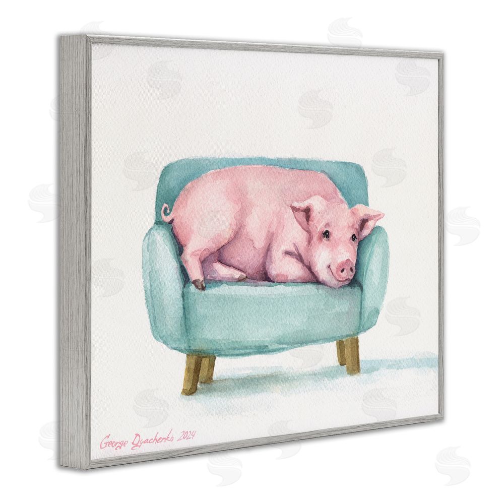 George Dyachenko Cute Piglet on Armchair Gray Framed Giclee Wall Art Print