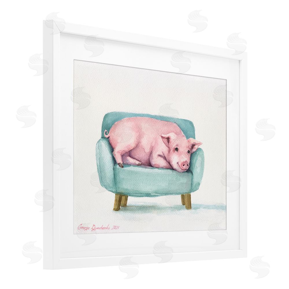 George Dyachenko Cute Piglet on Armchair White Framed Print Under Glass Wall Art