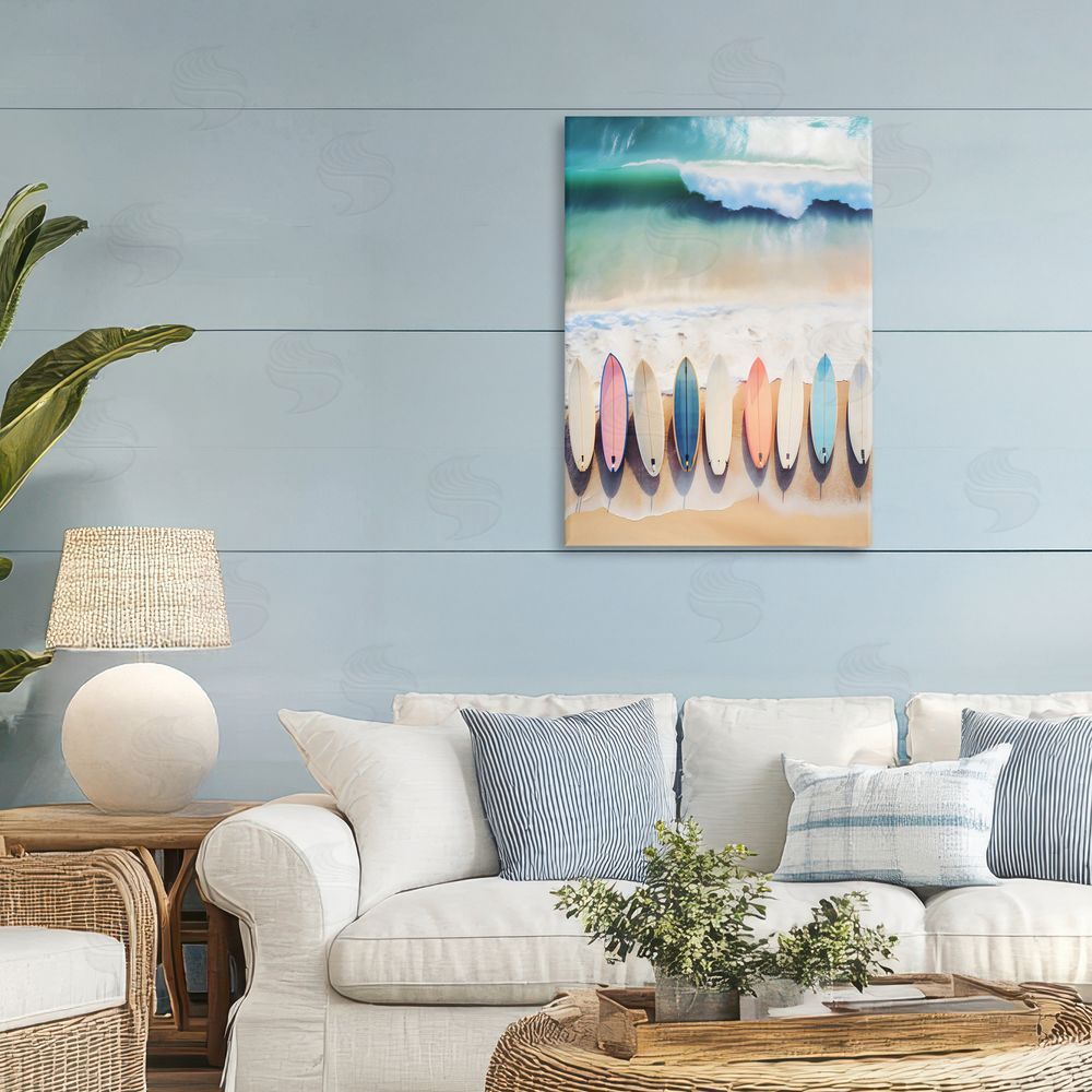 Creative Studio Aerial View Surfboards Shoreline Stretched Canvas Wall Art Print in Room