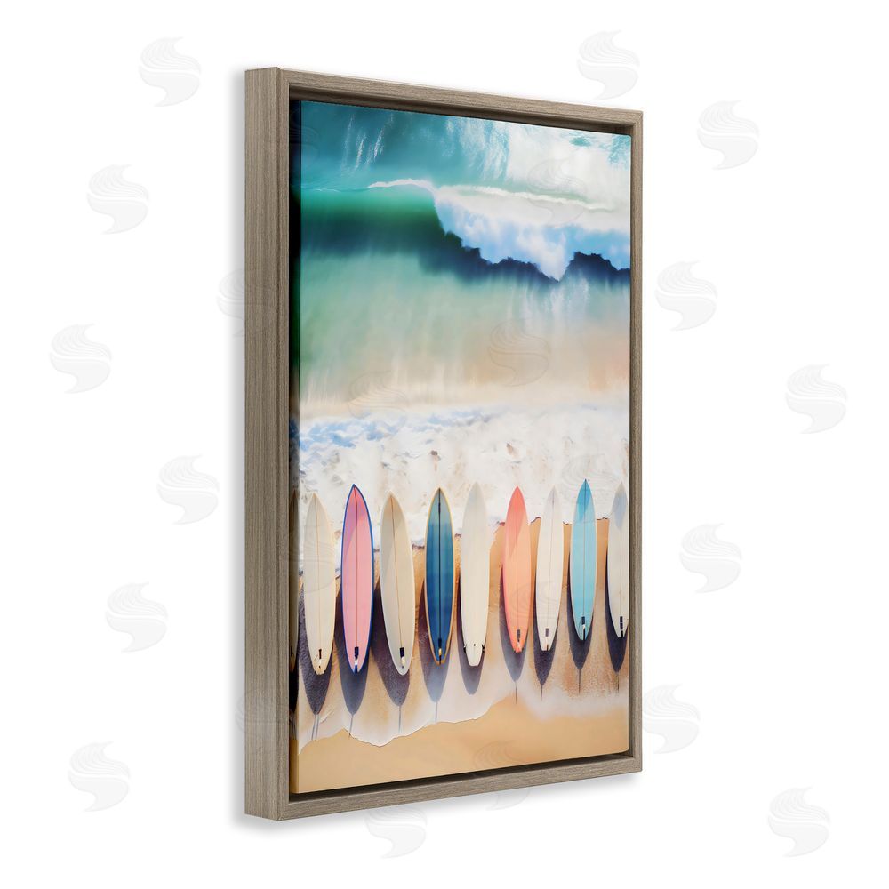 Creative Studio Aerial View Surfboards Shoreline Brown Floating Frame Stretched Canvas Wall Art Print