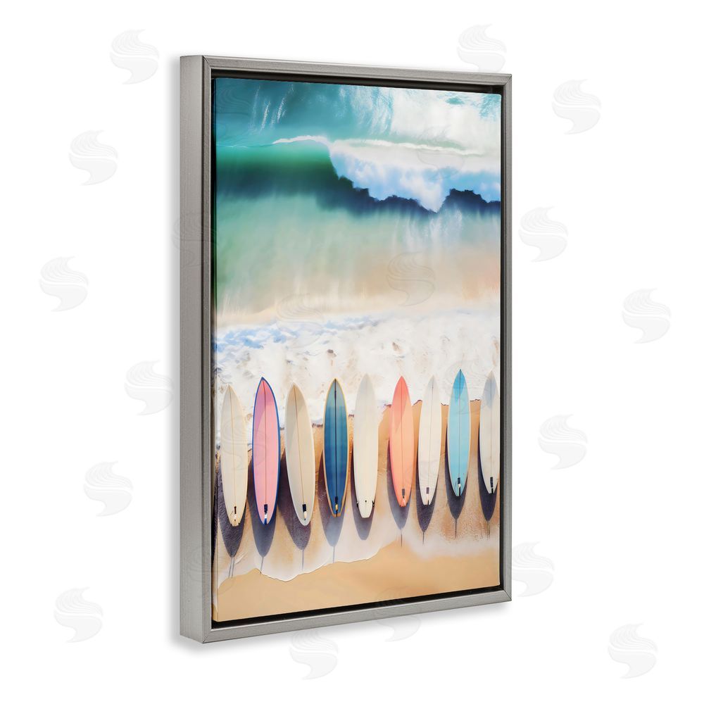 Creative Studio Aerial View Surfboards Shoreline Gray Floating Frame Stretched Canvas Wall Art Print