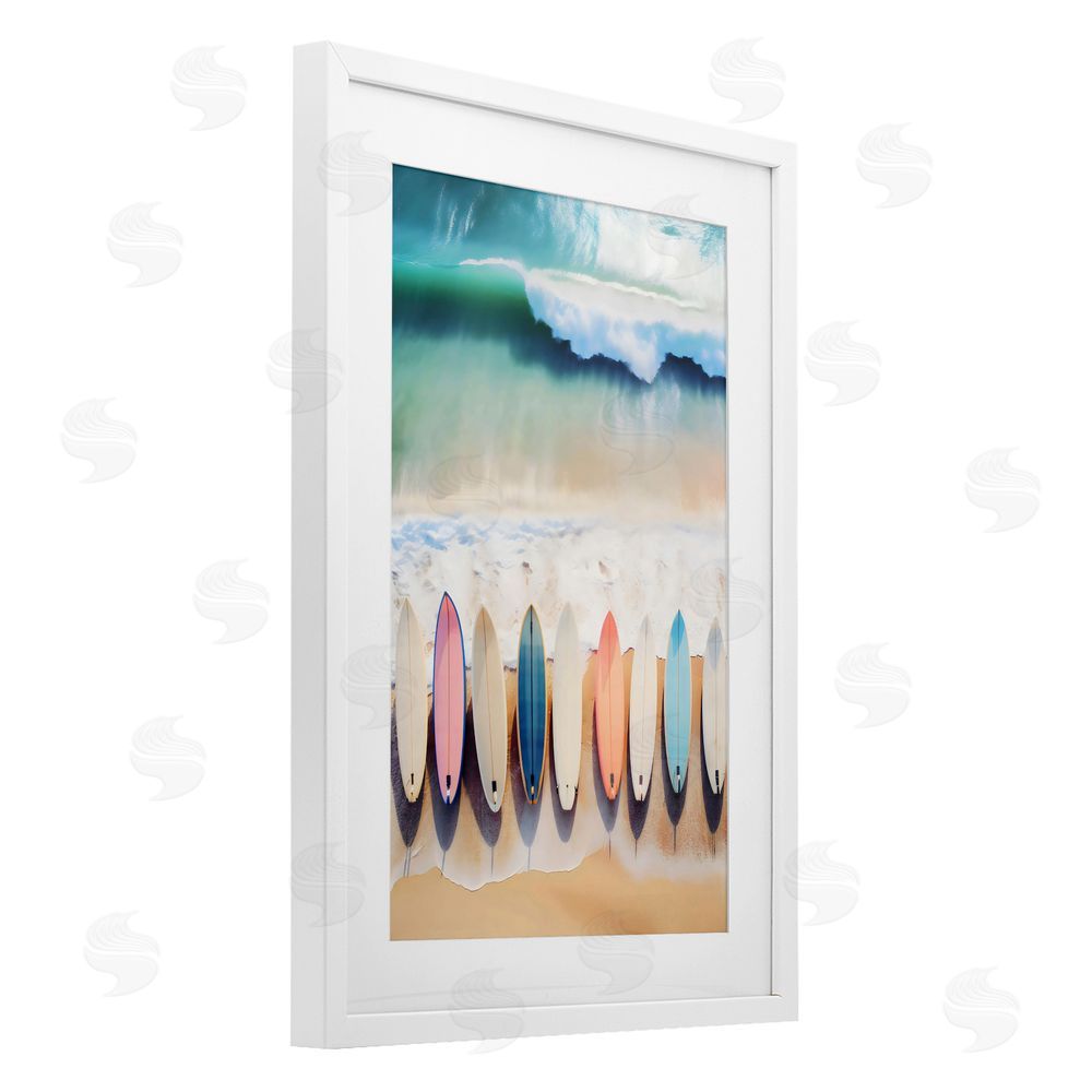 Creative Studio Aerial View Surfboards Shoreline White Framed Print Under Glass with Matting Wall Art