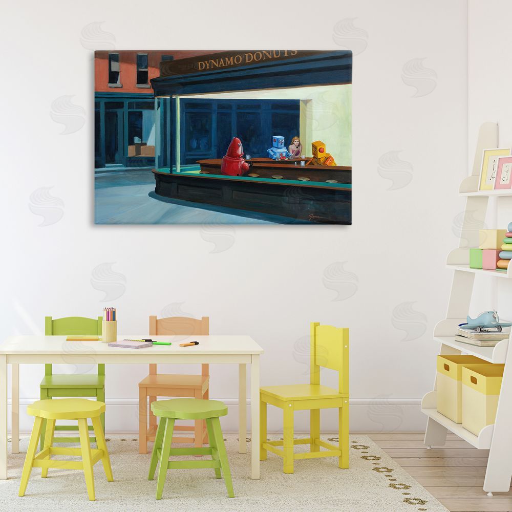Eric Joyner Robots in Donut Shop Stretched Canvas Wall Art Print in Room