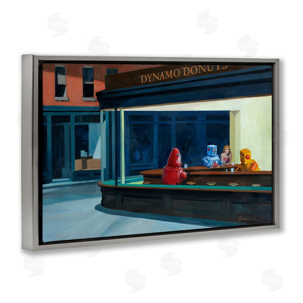 Eric Joyner Robots in Donut Shop Gray Floating Frame Canvas Wall Art Print