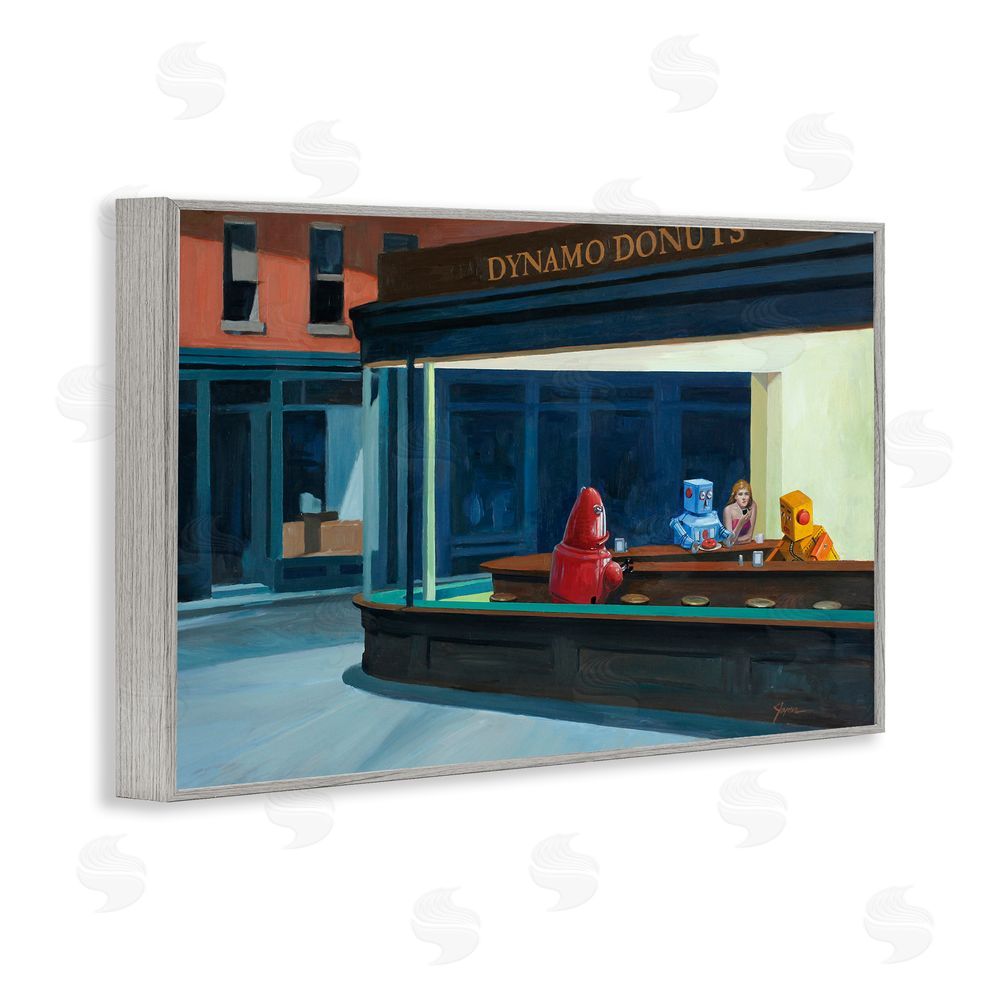 Eric Joyner Robots in Donut Shop Gray Framed Giclee Wall Art Print