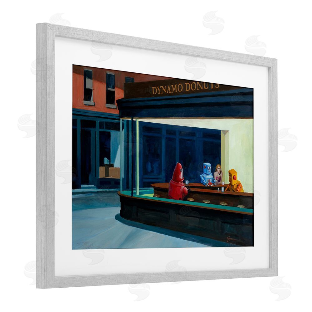 Eric Joyner Robots in Donut Shop Gray Framed Print Under Glass Wall Art