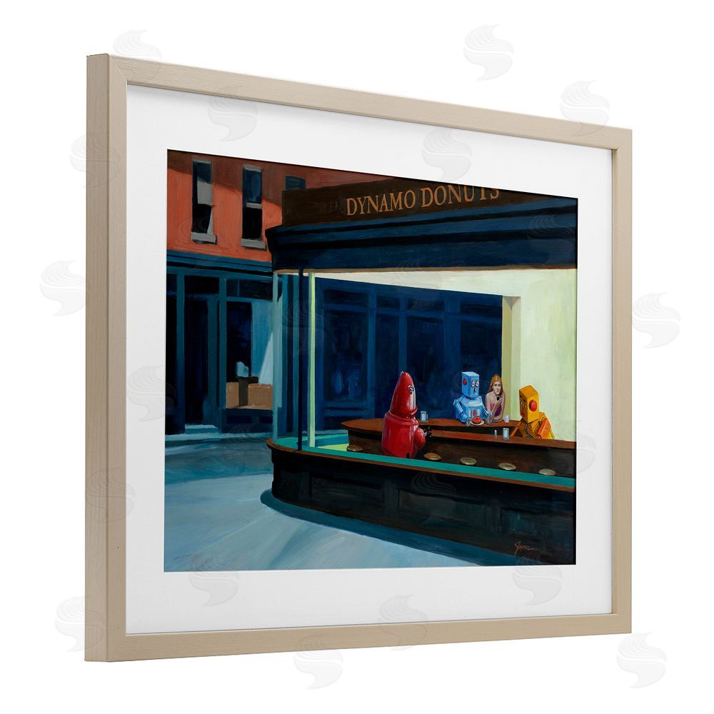 Eric Joyner Robots in Donut Shop Brown Framed Print Under Glass Wall Art