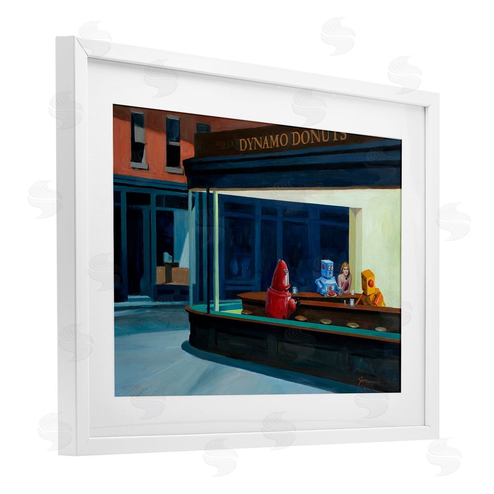 Eric Joyner Robots in Donut Shop White Framed Print Under Glass Wall Art