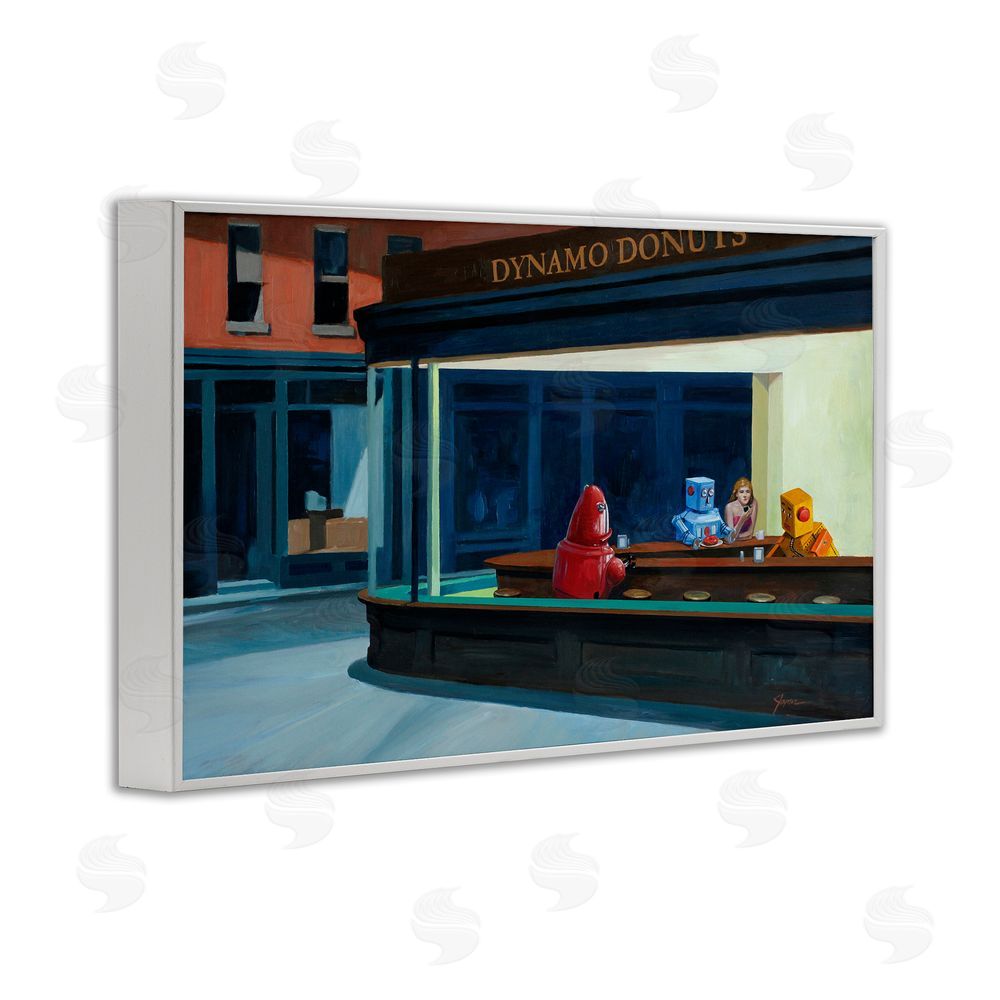 Eric Joyner Robots in Donut Shop White Framed Giclee Wall Art Print