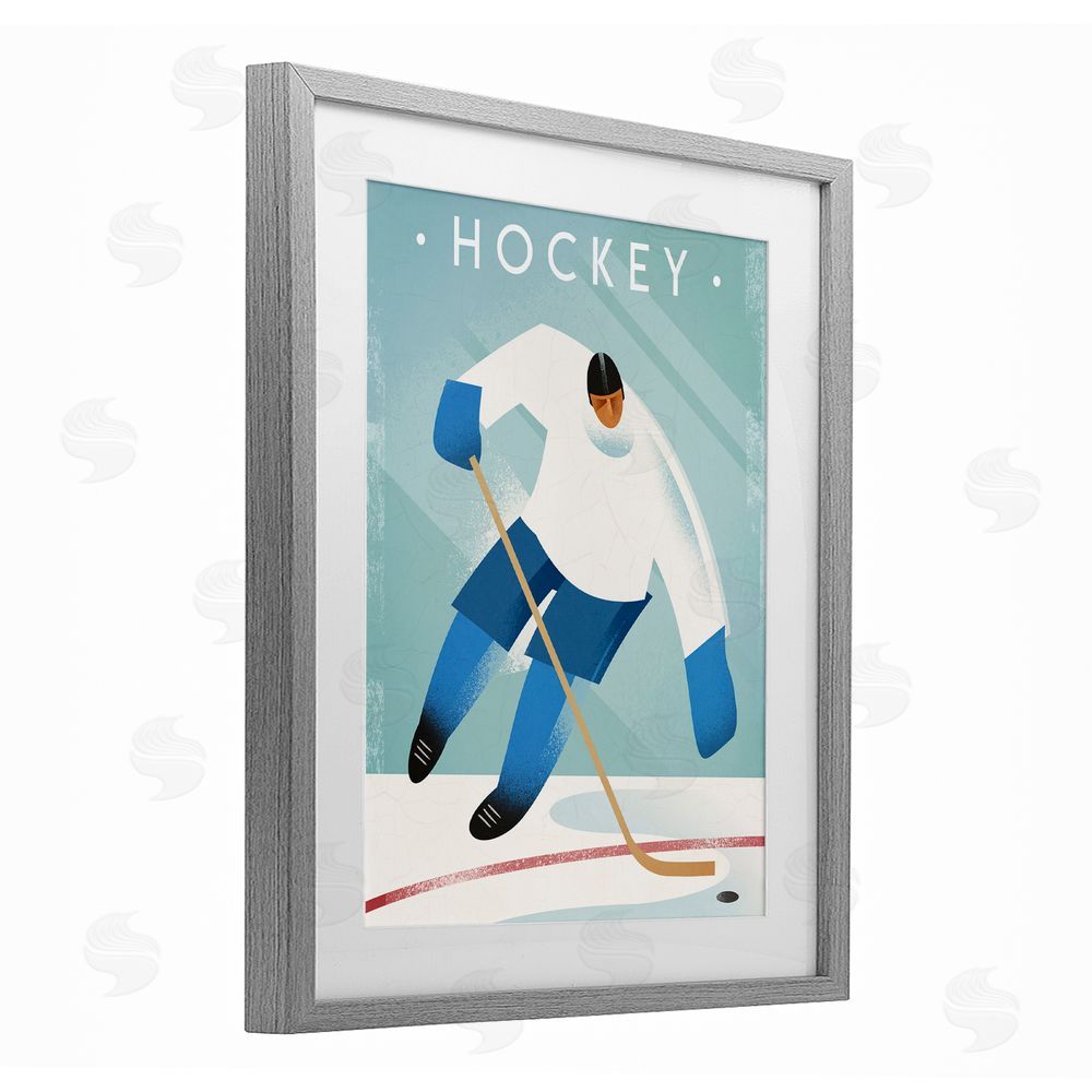 Martin Wickstrom Vintage Hockey Player Gray Framed Print Under Glass Wall Art