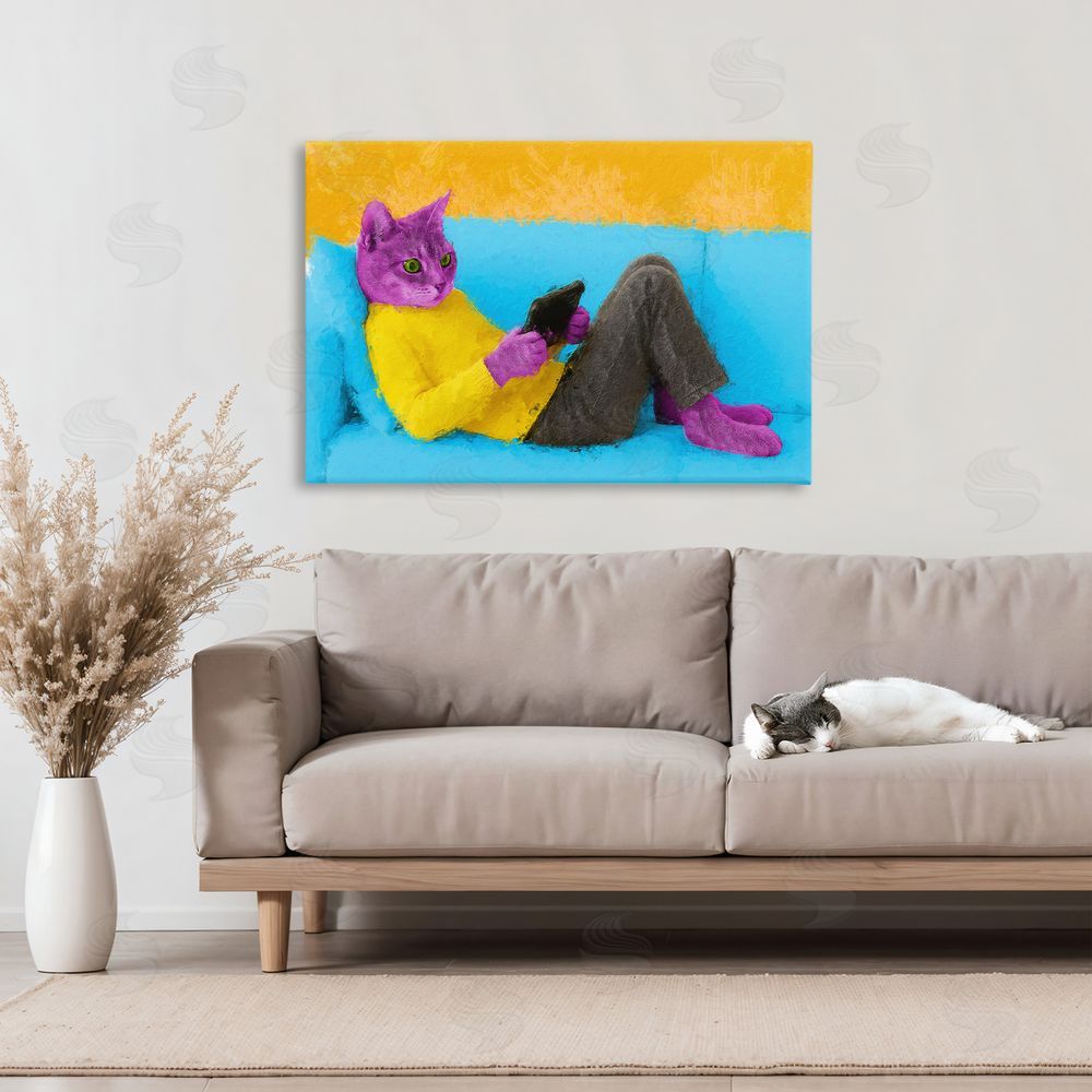 Sean Parnell Vibrant Cat Playing Game Stretched Canvas Wall Art in Room