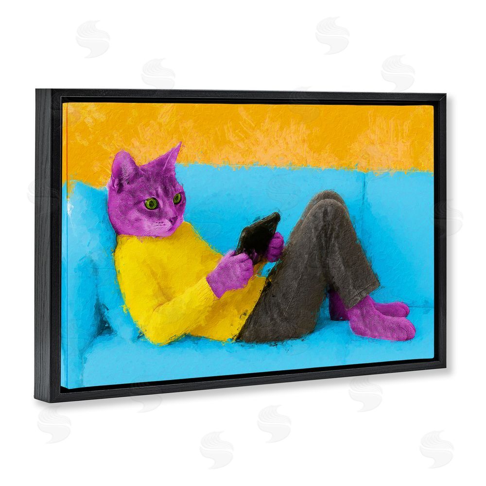 Sean Parnell Vibrant Cat Playing Game Black Floating Frame Canvas Wall Art Print