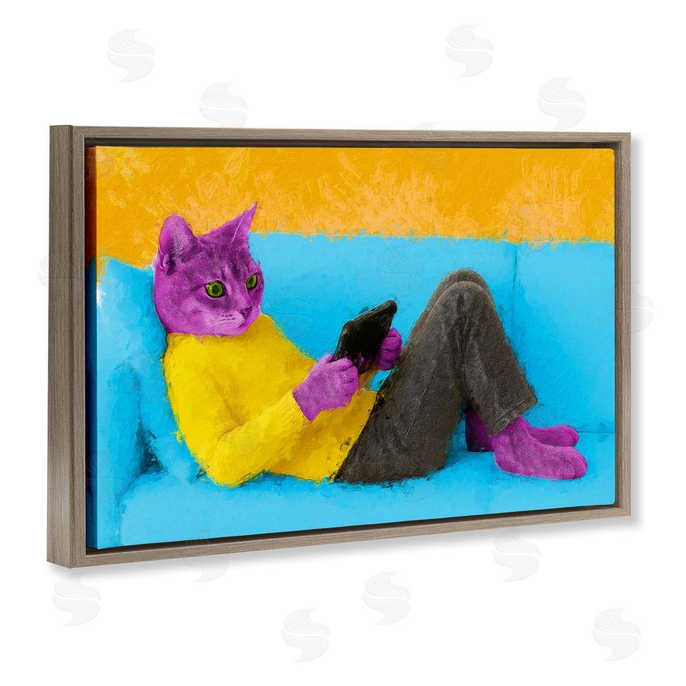 Sean Parnell Vibrant Cat Playing Game Brown Floating Frame Canvas Wall Art Print