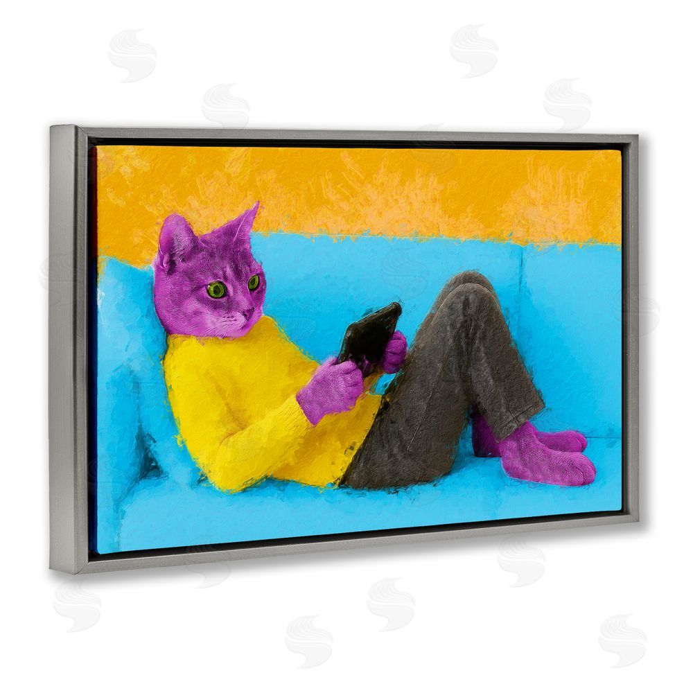 Sean Parnell Vibrant Cat Playing Game Gray Floating Frame Canvas Wall Art Print