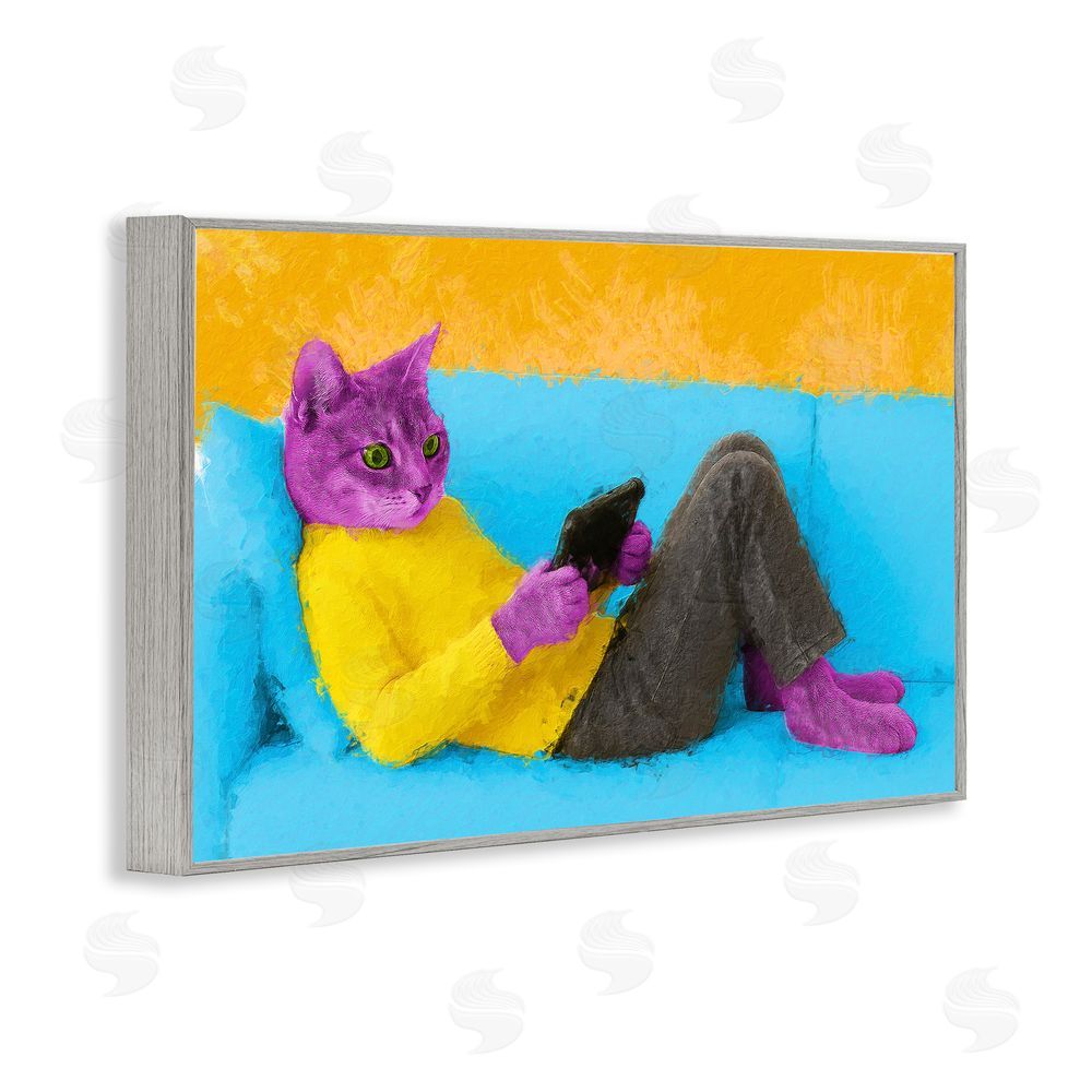 Sean Parnell Vibrant Cat Playing Game Gray Framed Giclee Wall Art Print