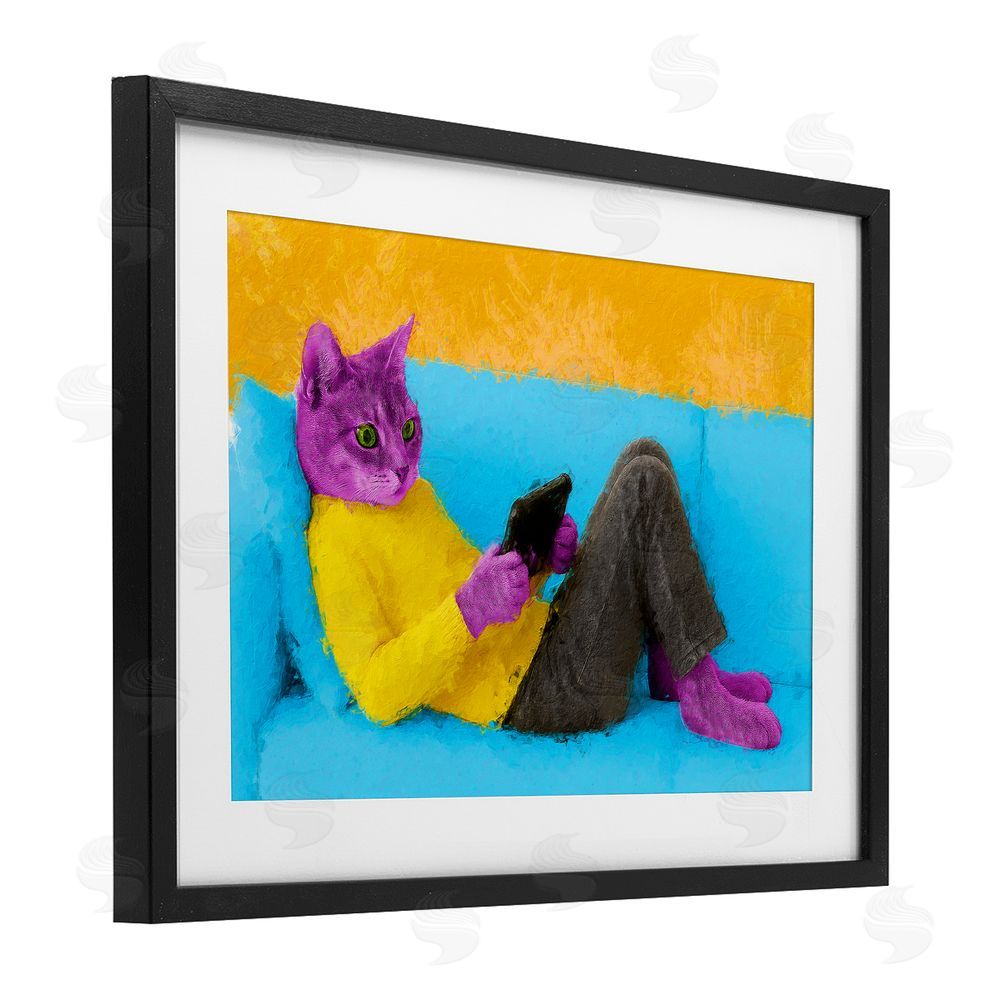 Sean Parnell Vibrant Cat Playing Game Black Framed Print Under Glass Wall Art