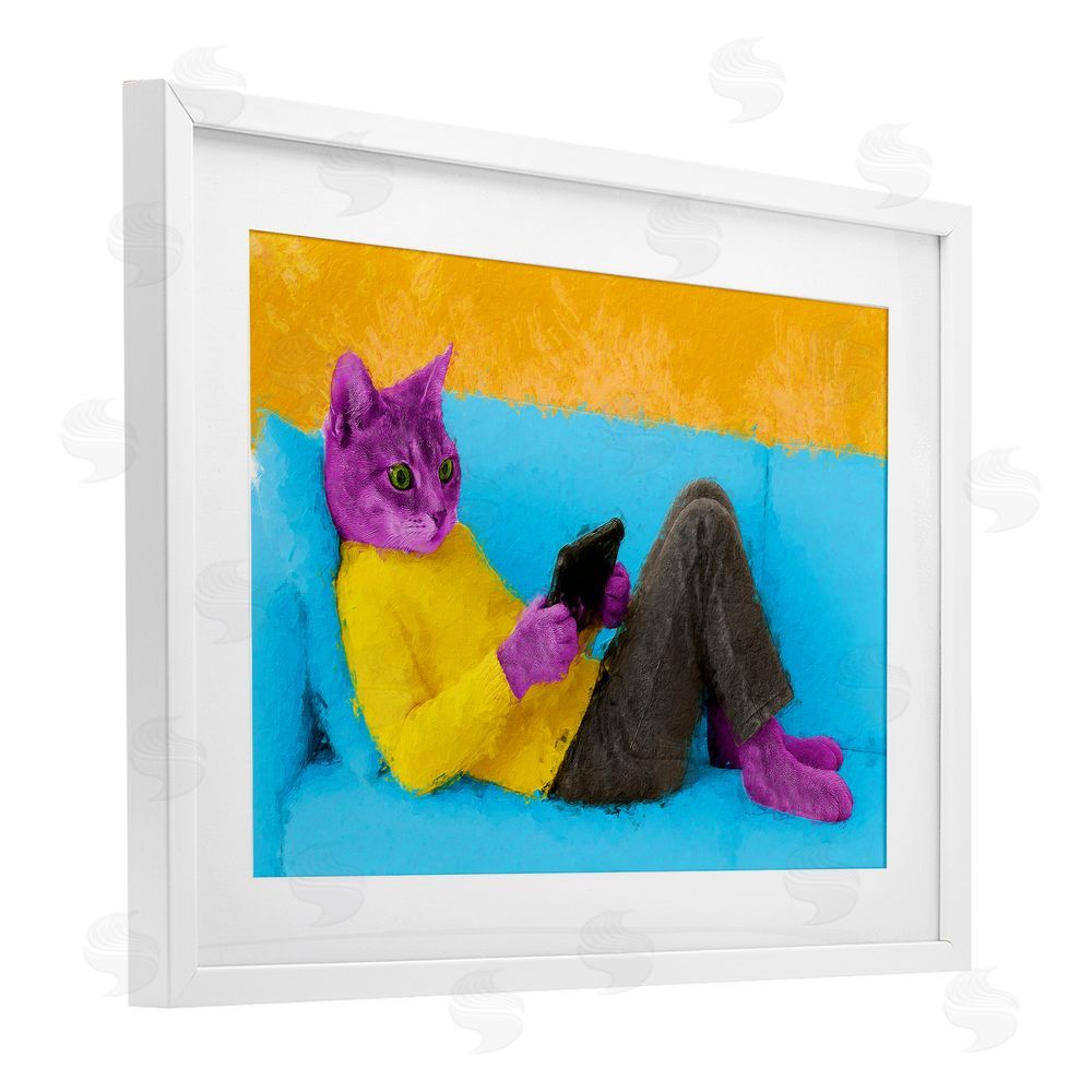 Sean Parnell Vibrant Cat Playing Game White Framed Print Under Glass Wall Art