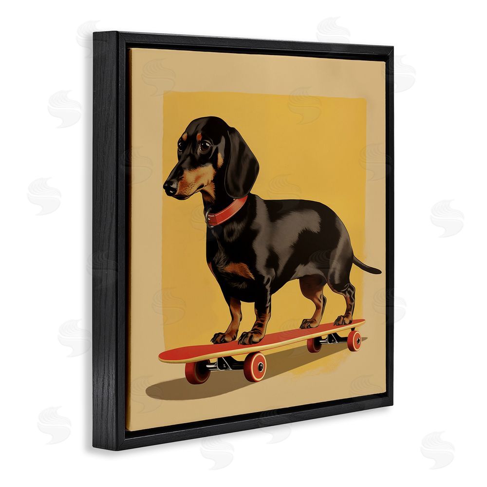 Andreas Magnusson Dachshund on Red Skateboard Black Floating Frame Canvas Wall Art Print
